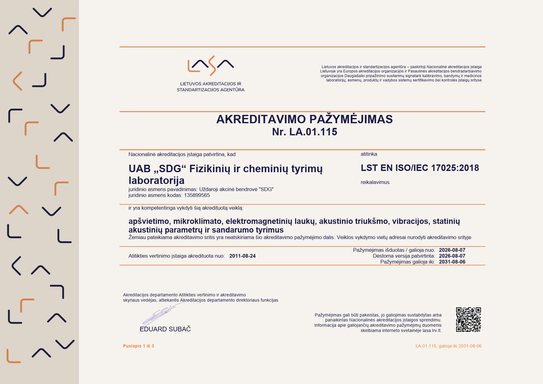 Akreditacijos pažymėjimas pirmas lapas